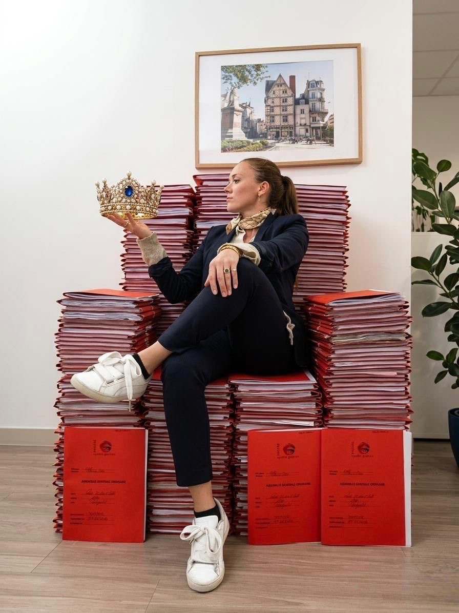 Elise Renard, fondatrice de GEST'IA, assise sur des piles de dossiers d'assemblées générales, une couronne à la main